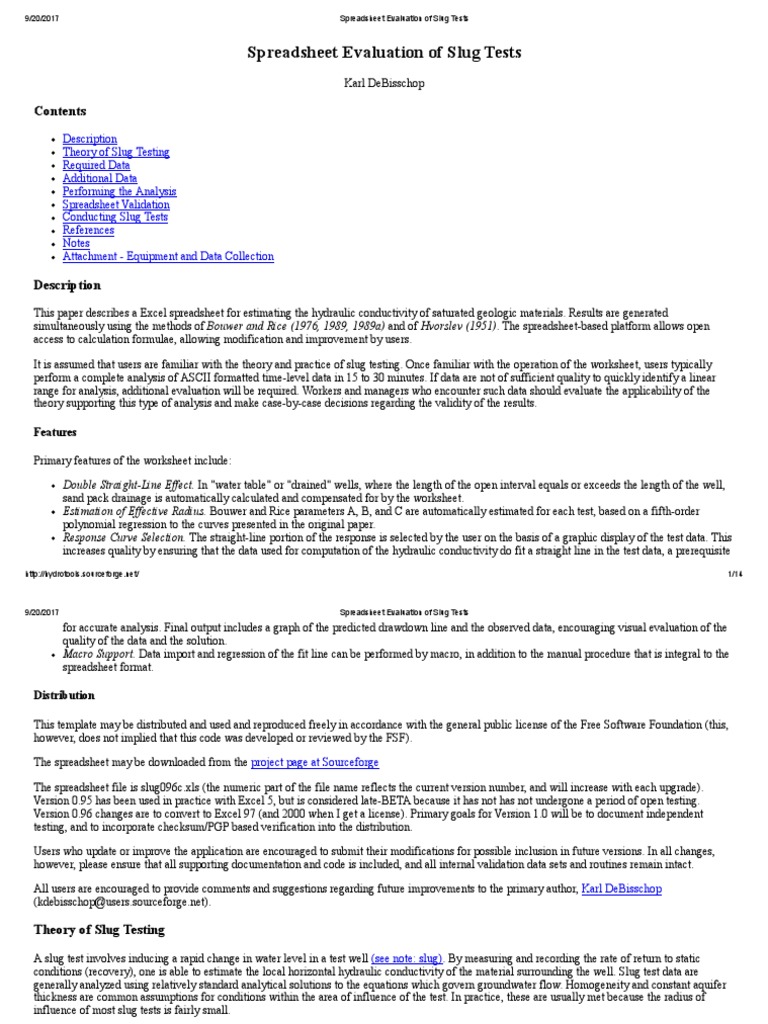 Spreadsheet for Slug Test Analysis | PDF | Aquifer | Teaching Mathematics