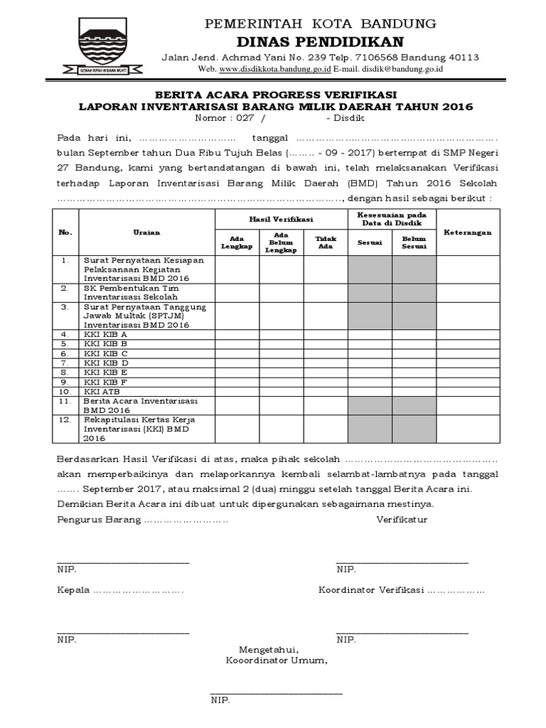 Berita Acara Progres Verifikasi Laporan Inventariasasi Bmd 2016
