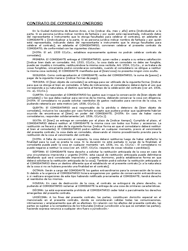 Contrato de Comodato Oneroso Modelo | PDF | Conceptos legales | Derecho  privado
