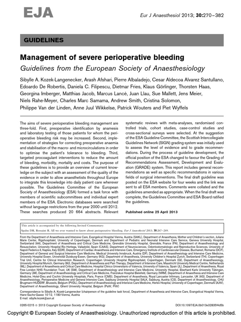 Management of Severe Perioperative Bleeding.. | PDF | Coagulation ...
