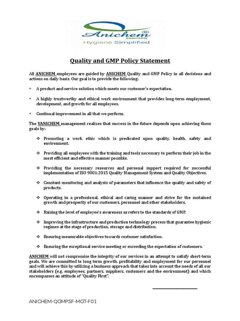 02Quality and GMP Policy Statement