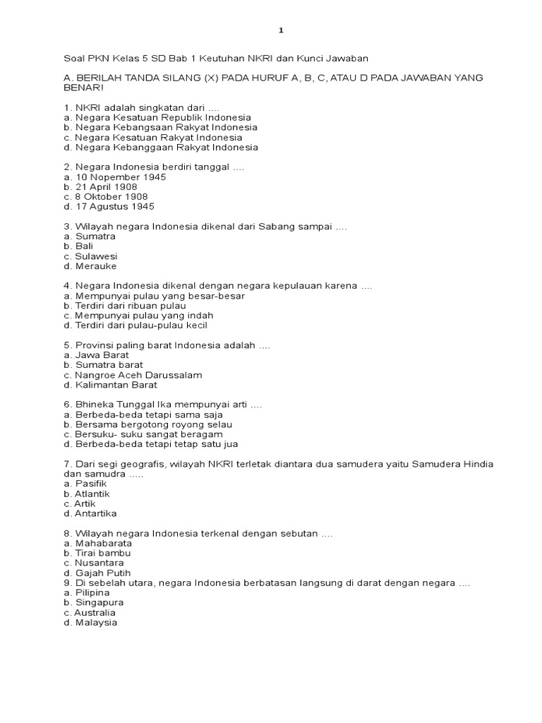 Soal Pkn Kelas 5 Sd Bab 1 Keutuhan Nkri Dan Kunci Jawaban