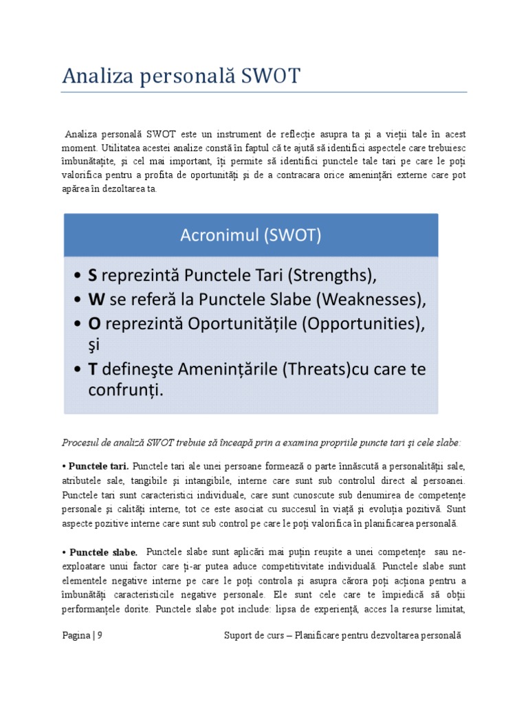 Plan de Dezvoltare Personala(PDP)  SWOT