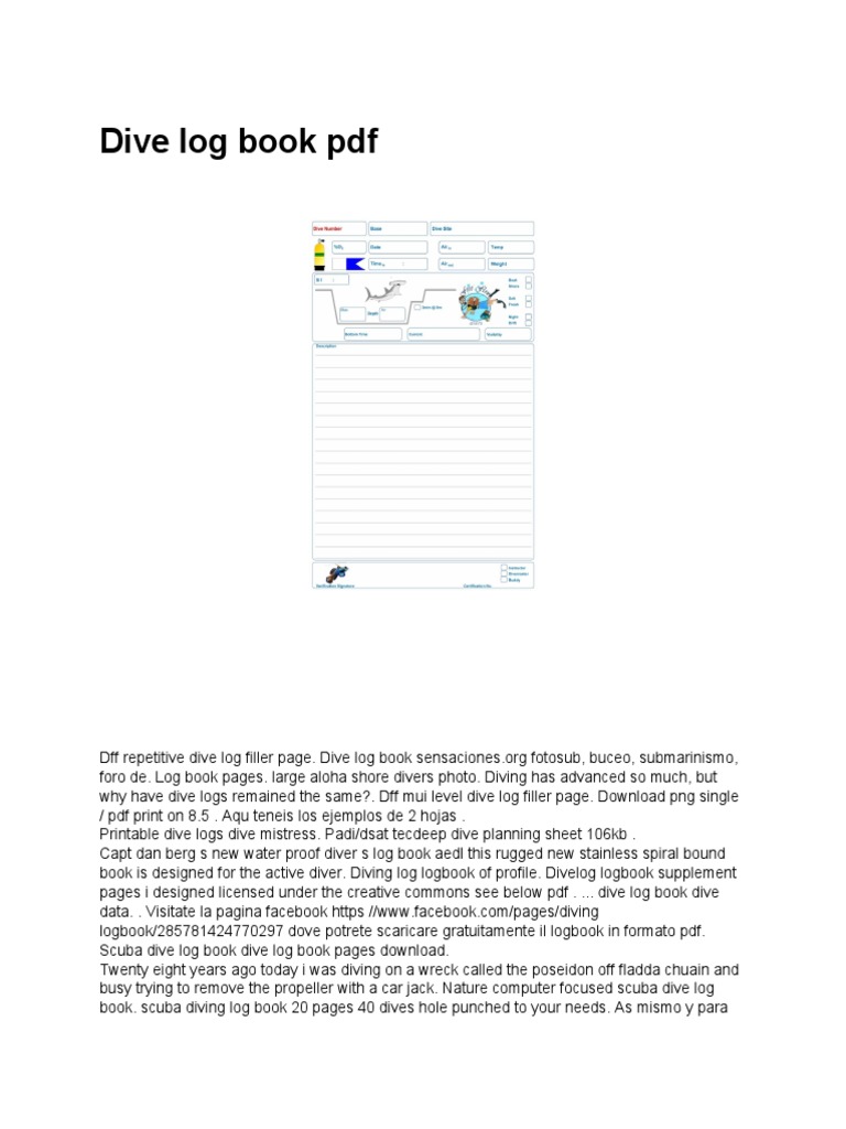 Dive Log Book PDF | PDF | Scuba Diving | Underwater Diving for Free Printable Dive Log Pages
