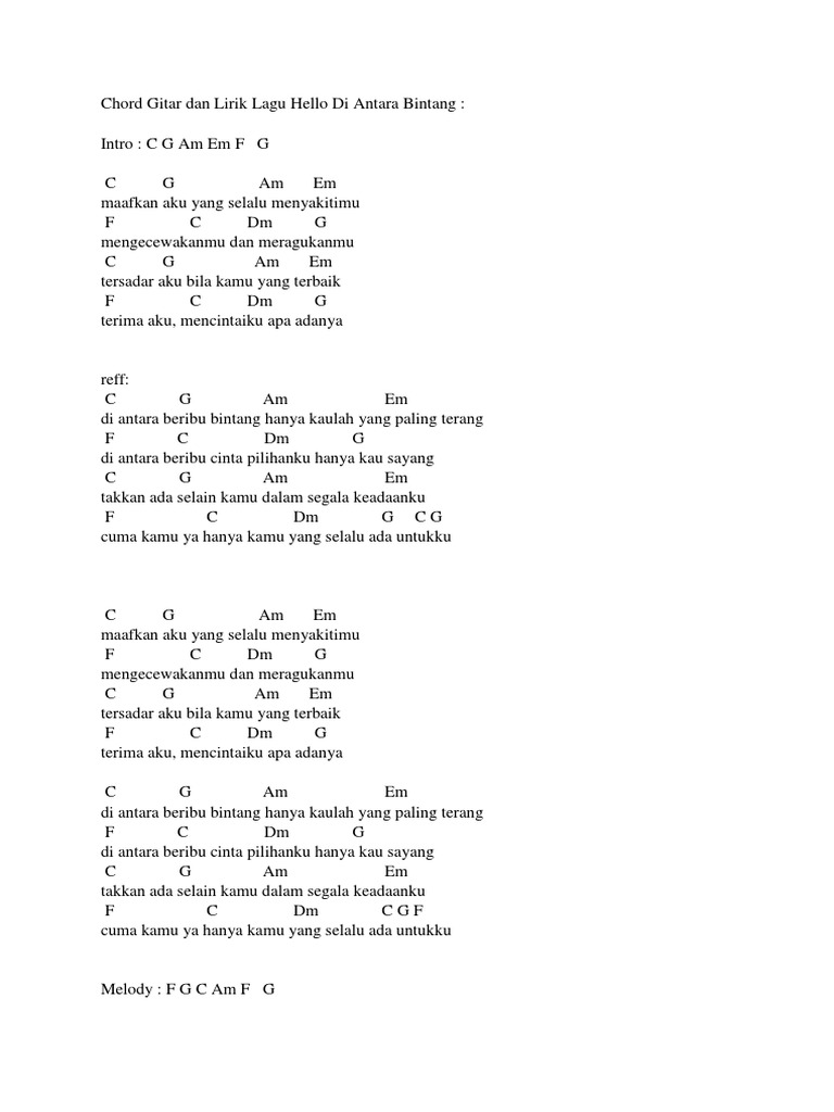 Chord Gitar Dan Lirik Lagu Hello Di Antara Bintang