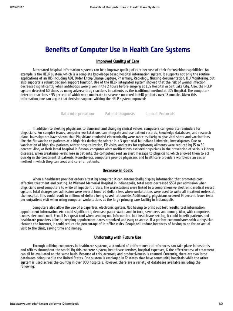 Benefits of Computer Use in Health Care Systems | PDF | Patient ...