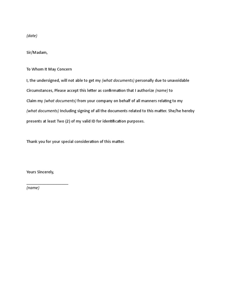 Authorization Letter Sample Claiming Documents 