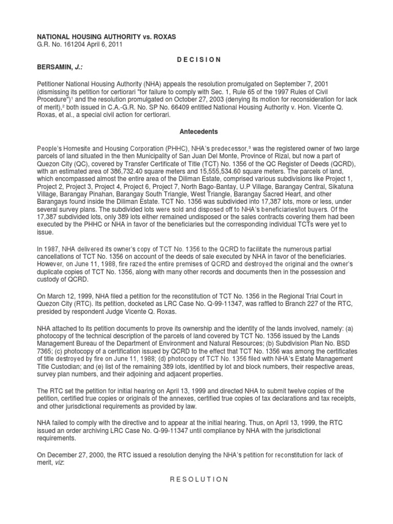 National Housing Authority vs. Roxas Full PDF Certiorari