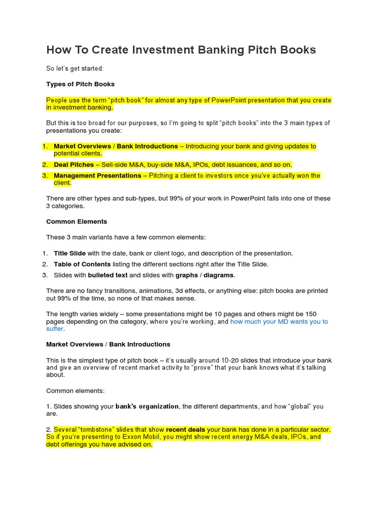 Investment Banking Pitch Book Guide | PDF | Mergers And Acquisitions ...
