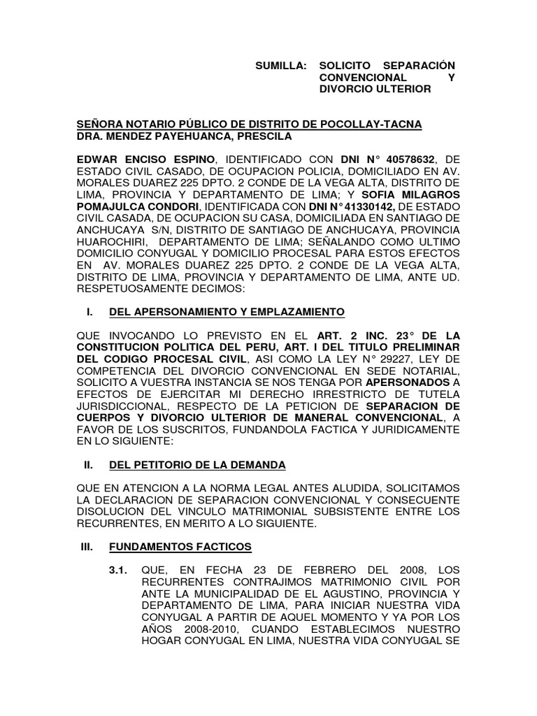 Solicitud de Divorcio Notarial | PDF