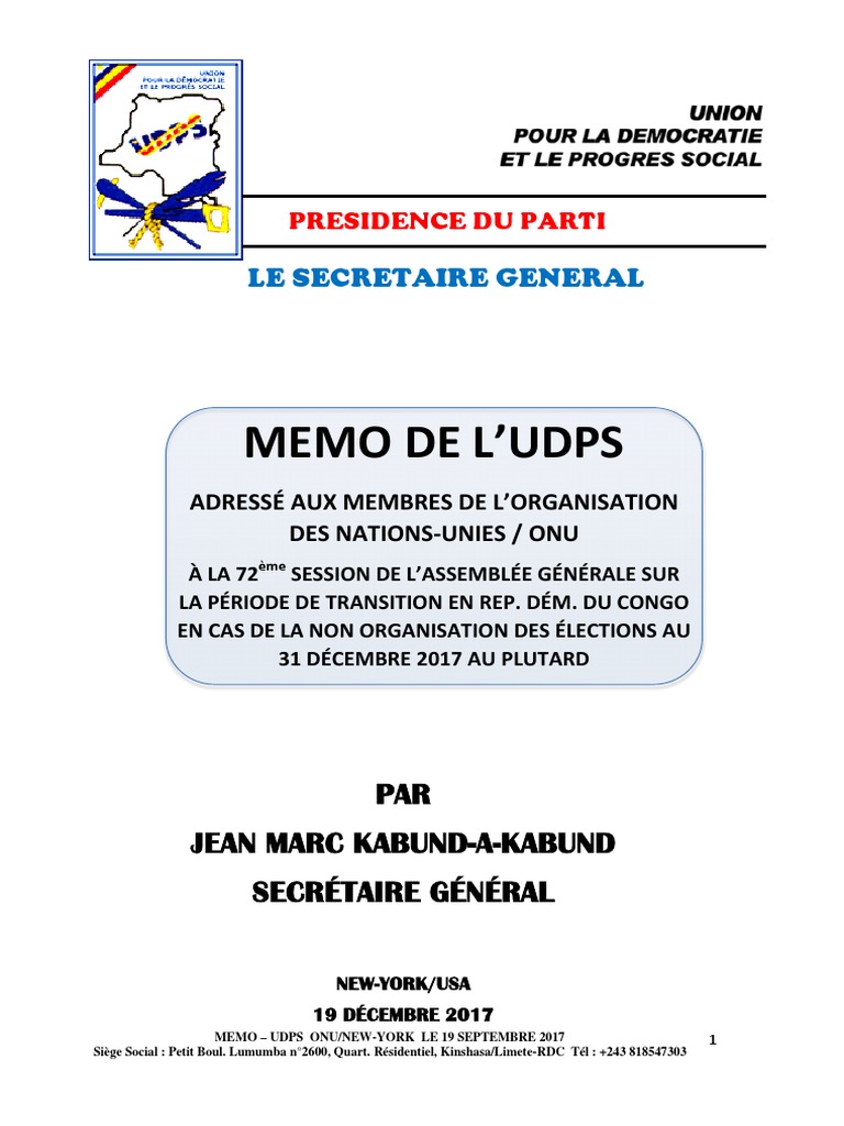 Mémorandum UDPS sur la crise en RDC | PDF | République démocratique du ...