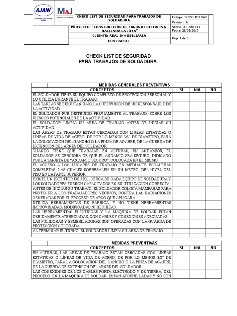 Checklist Para Trabajos de Soldadura