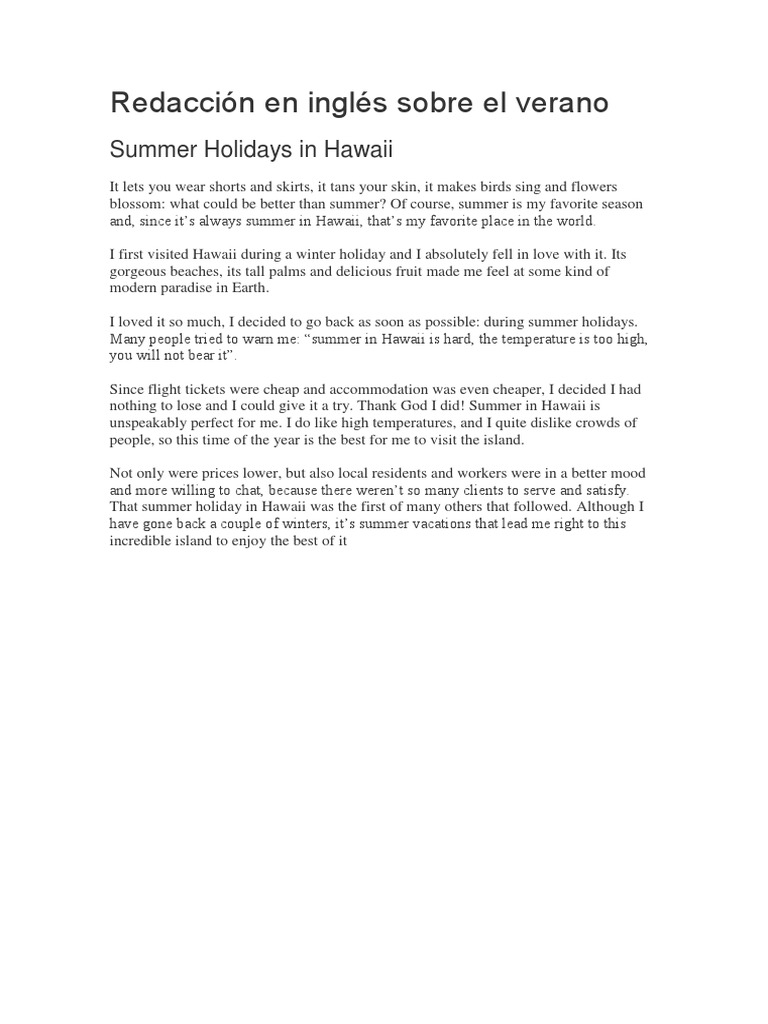 Redaccion En Ingles Sobre El Verano