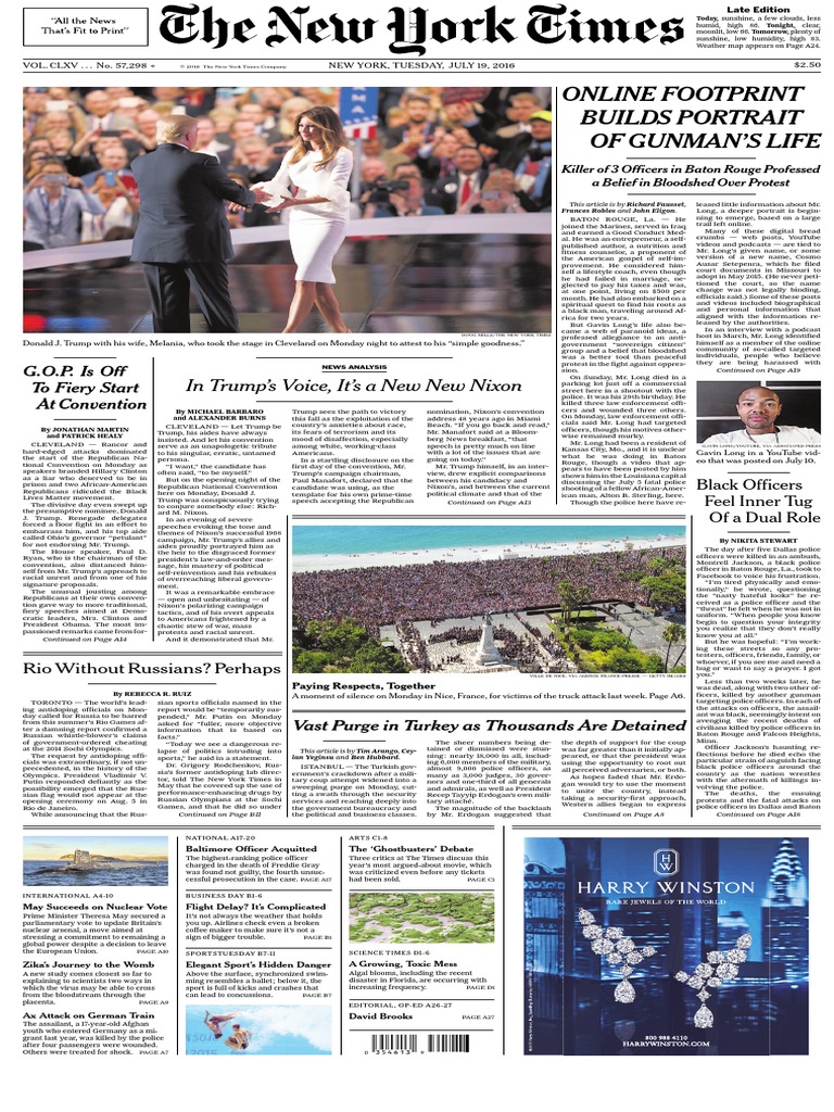 Front Pages of New York Times From July 2016 Through December 2016