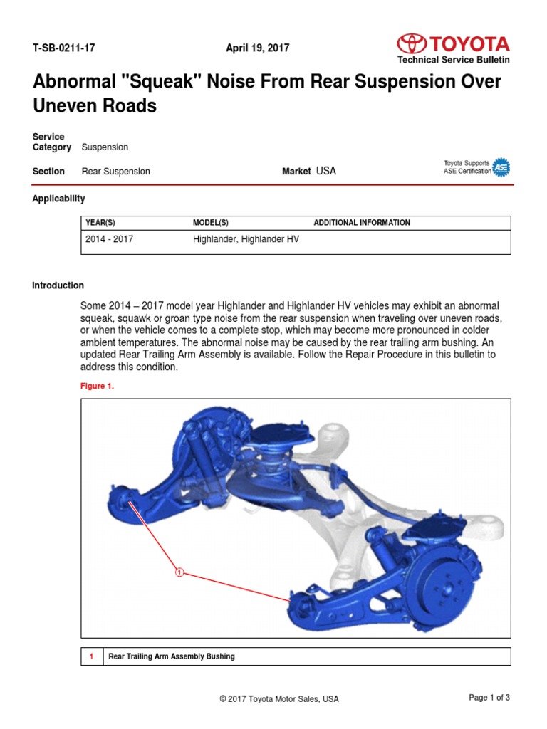 Toyota Highlander 20142017 Abnormal "Squeak" Noise From Rear