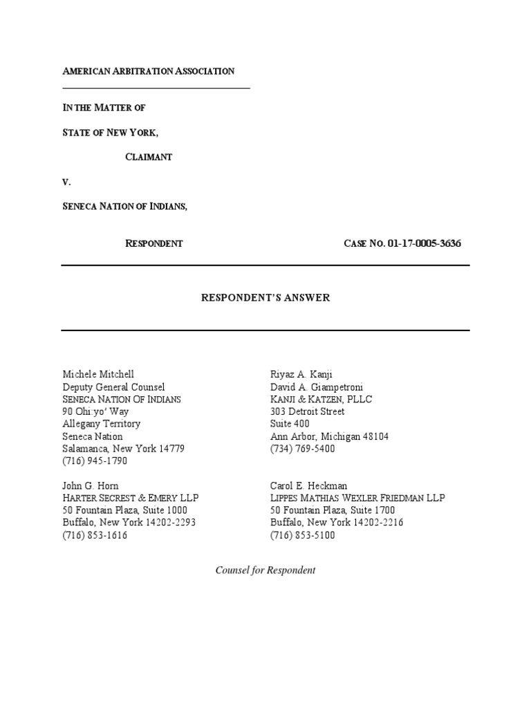 9-21-2017 Seneca Nation Answer | PDF | Contractual Term | Slot Machine