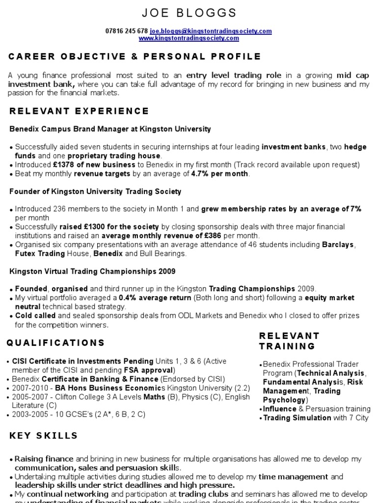 Perfect Trading CV Sample | PDF | Investment Banking | Investing