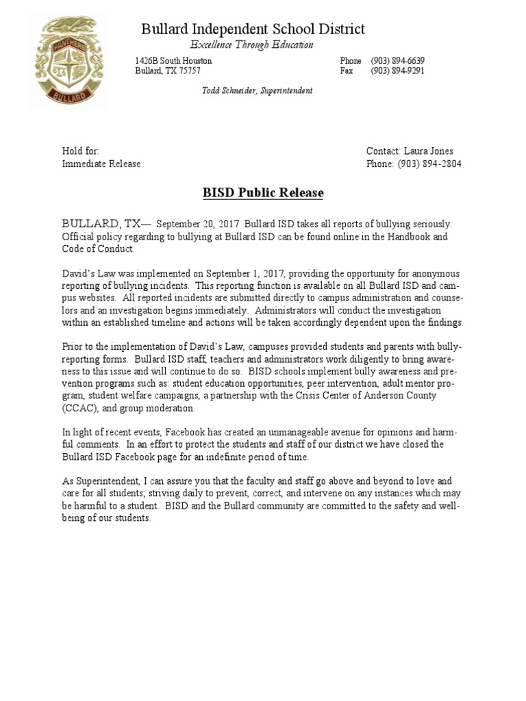 Bullard ISD Bullying Statement