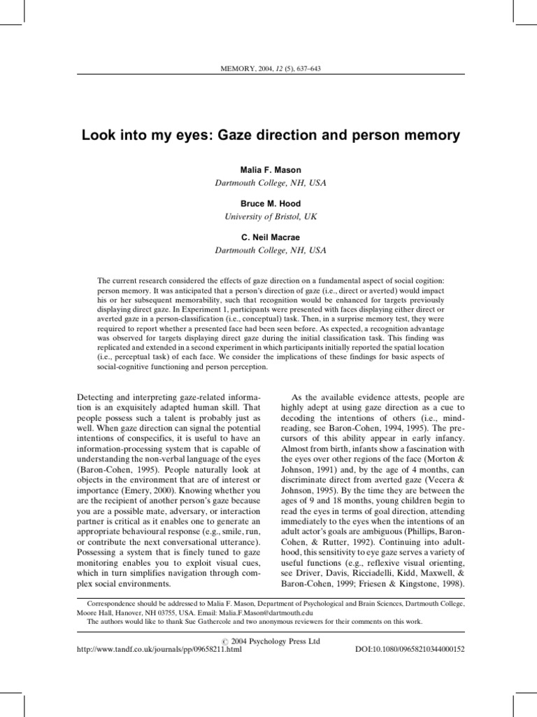Look Into My Eyes: Gaze Direction and Person Memory: # 2004 Psychology ...