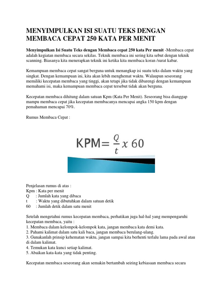 Contoh Teks Membaca Cepat 250 Kata Per Menit Dapatkan Contoh