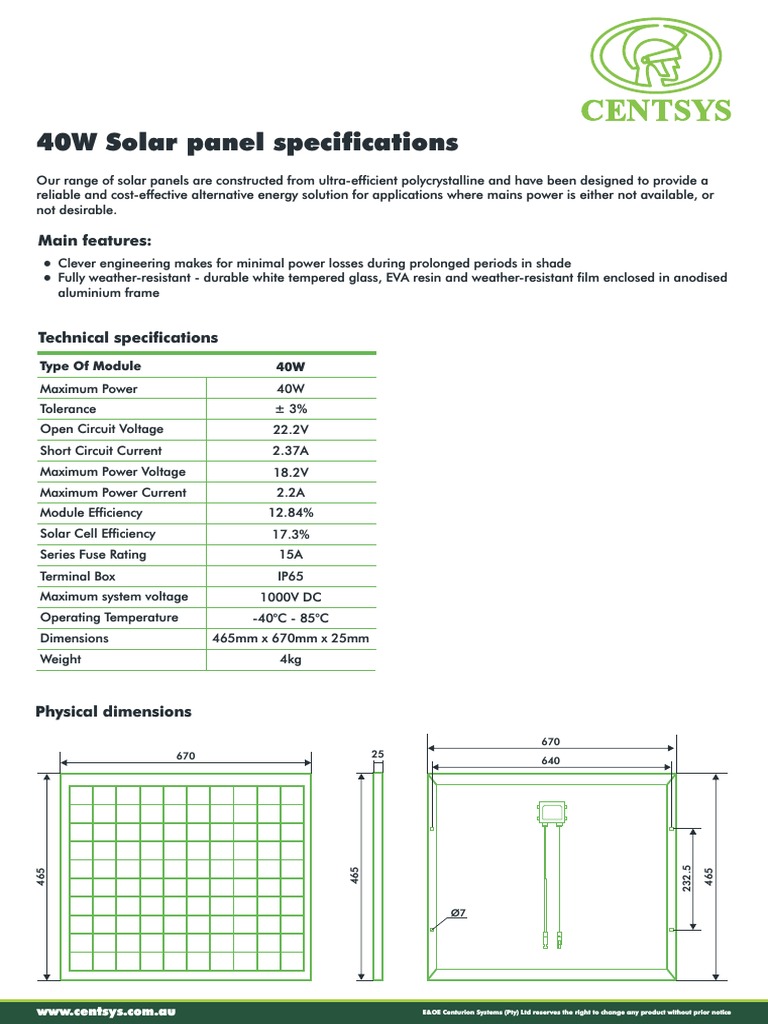 40W Solar Panel Specifications: Main Features | PDF | Solar Panel ...