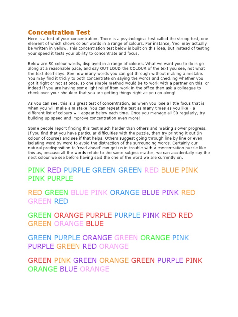 Colour-Based Concentration Test | PDF | Career & Growth | Language Arts ...