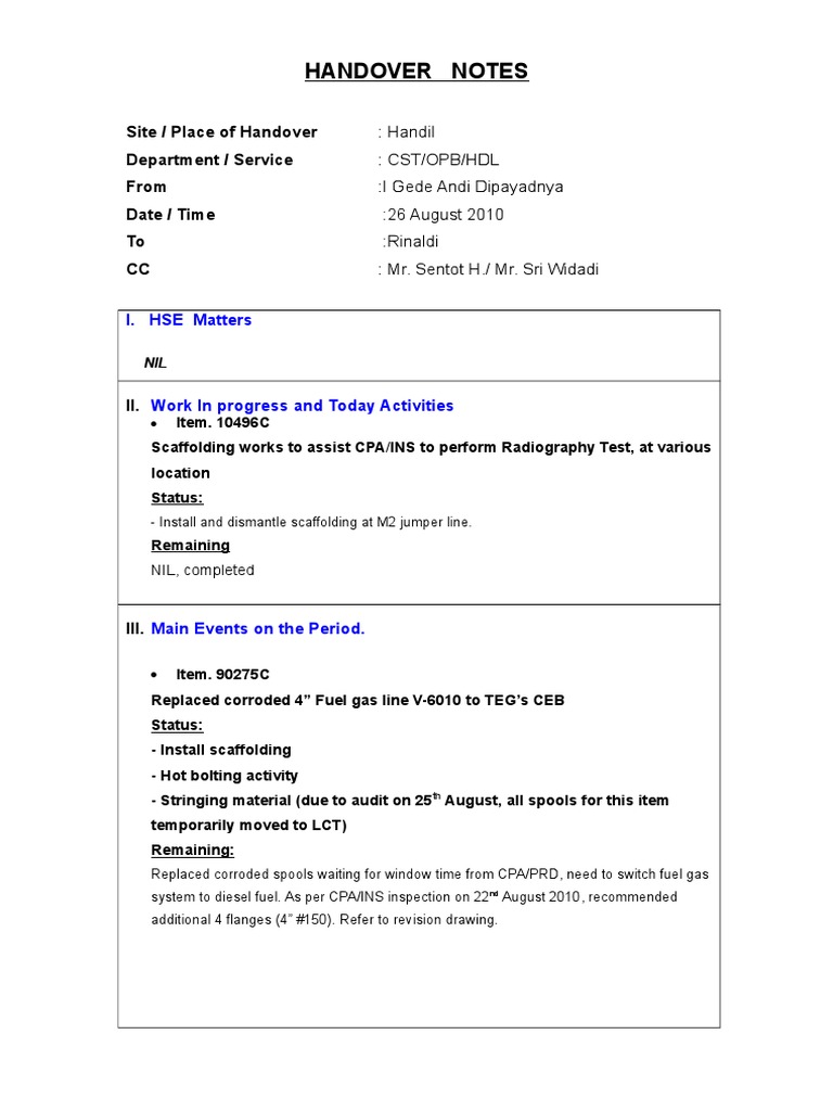 Handover Notes for August 2010 | PDF