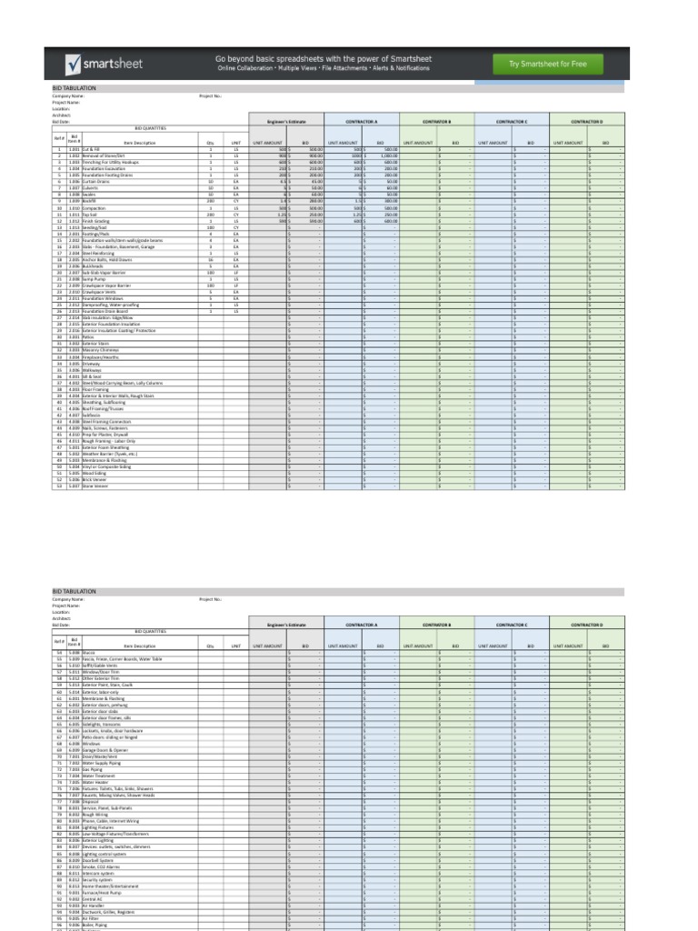 Excel Construction Project Management Templates Bid Tabulation Template