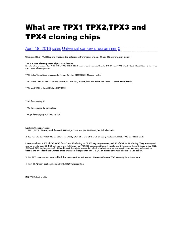 TPX Cloning Chips Overview | PDF | Motor Vehicle Manufacturers ...
