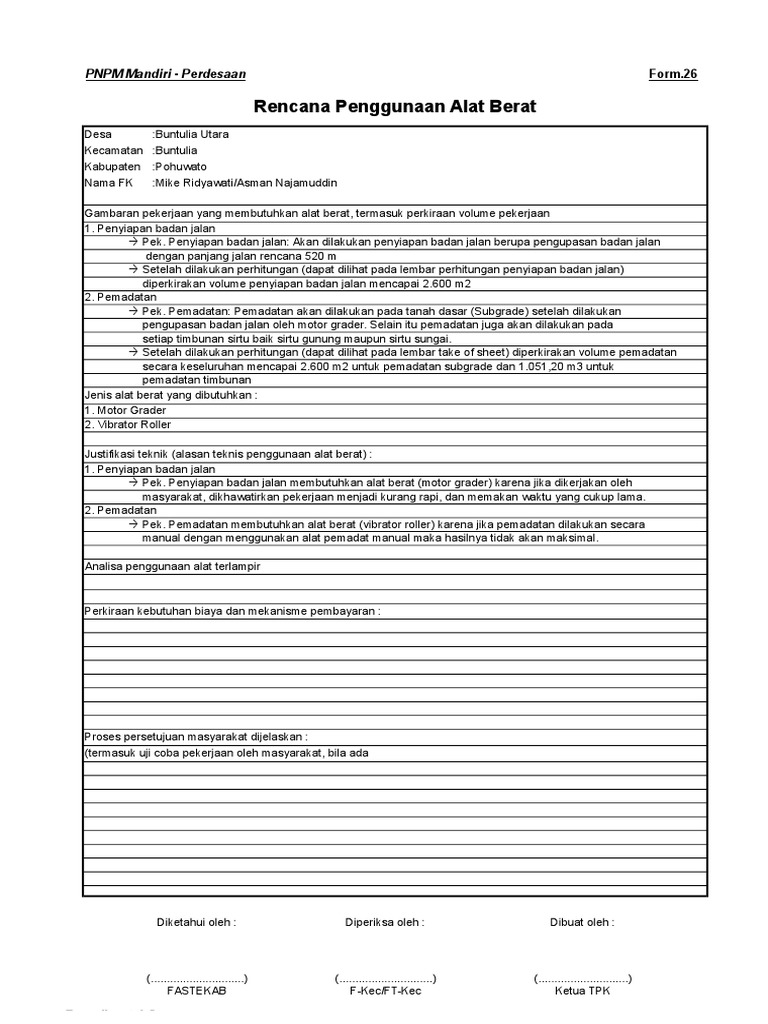 Form 26 Rencana Penggunaan Alat Berat Infrastruktur B Form 26 Rencana Penggunaan Alat Berat Infrastruktur B