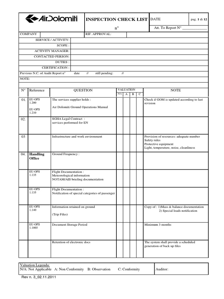 Appendix a 1.Inspection Ground Handling Checklist Baggage