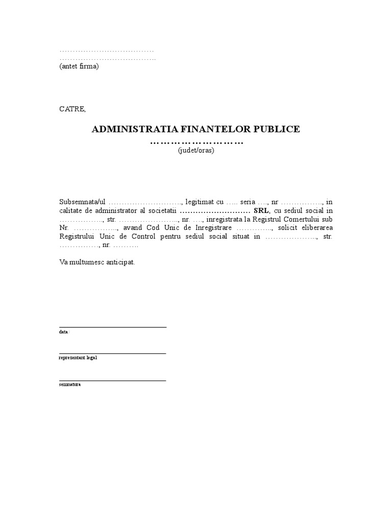 Cerere Pentru Registrul Unic De Control