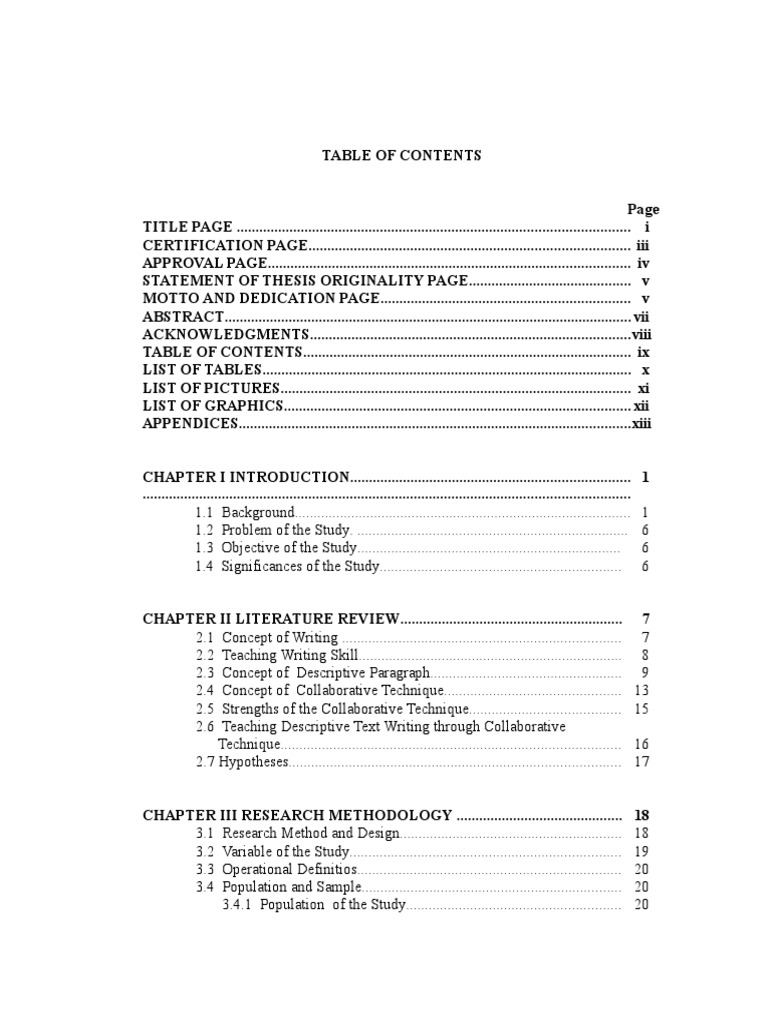 Contoh Table Of Content Experiment Statistics