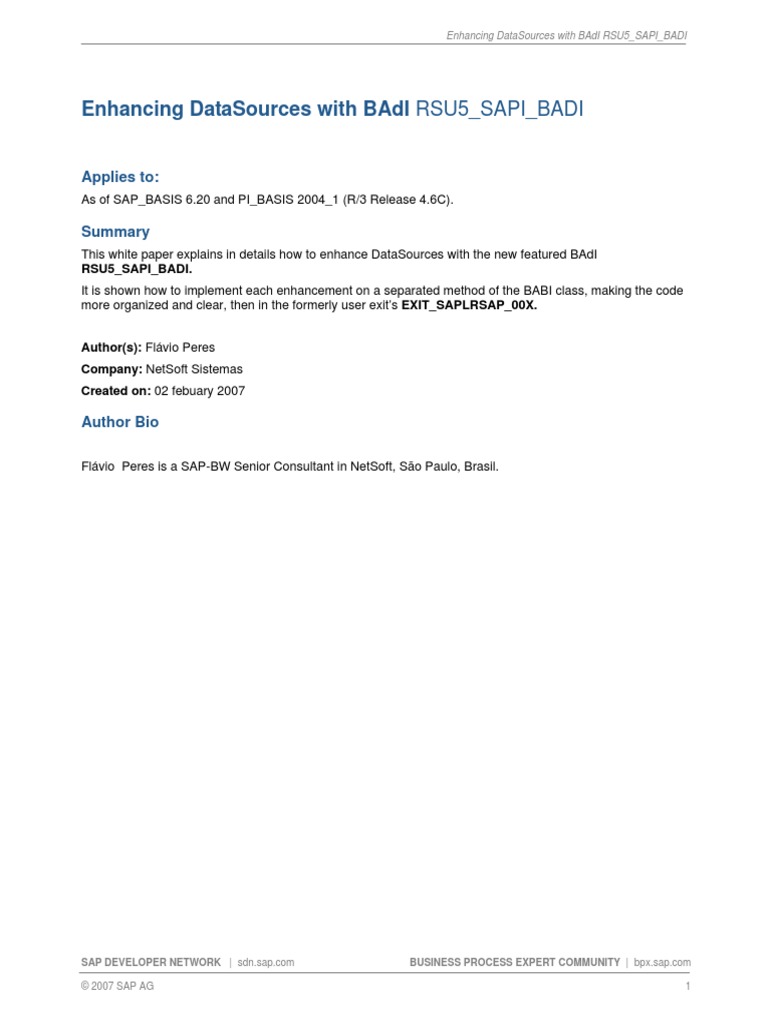 Enhancing DataSources With BAdI RSU5 - SAPI - BADI PDF | PDF | Sap Se ...