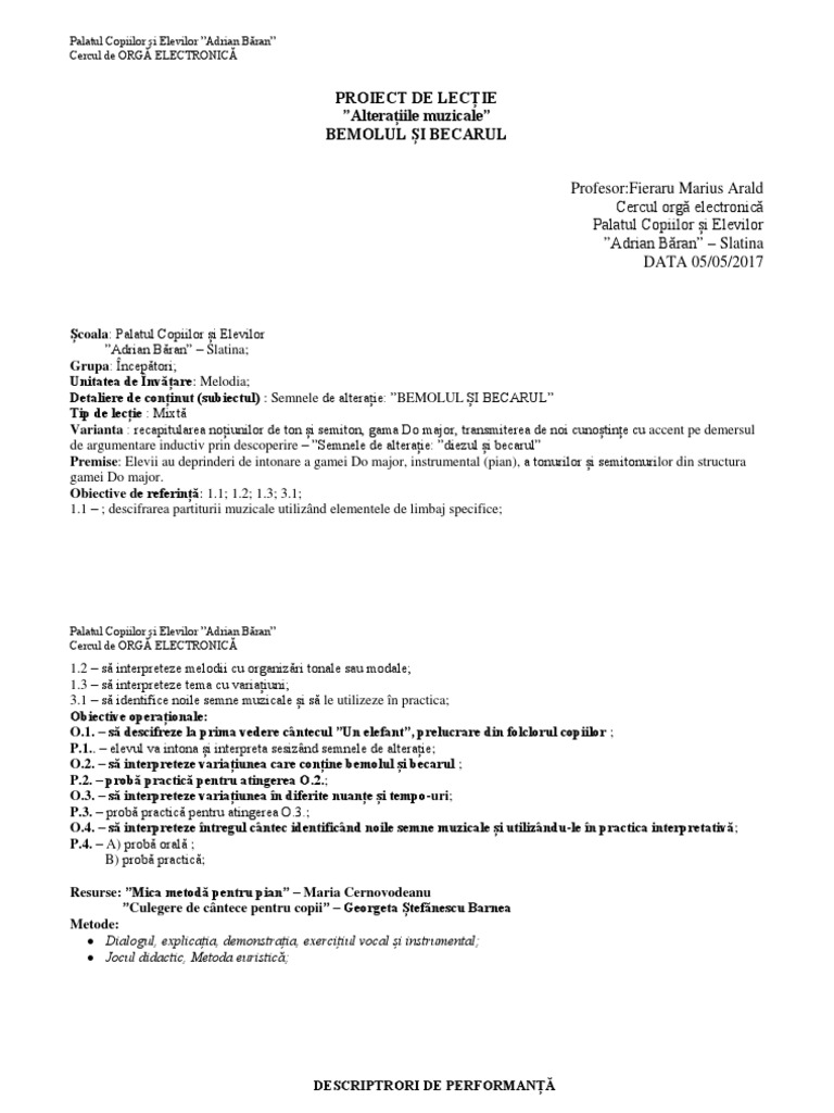 Proiect de Lecție Fieraru - Bemolul Si Becarul | PDF