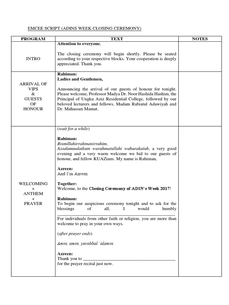 Emcee Script Adin Week Closing Ceremony Pdf Prayer Entertainment General