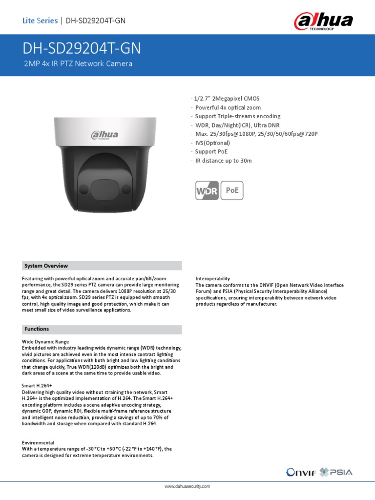 DH-SD29204T-GN: 2MP 4x IR PTZ Network Camera | PDF | Closed Circuit  Television | Camera