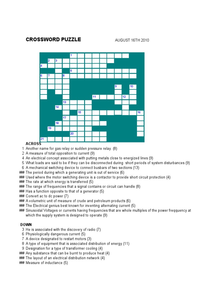 Crossword Puzzle for Electrical Engineers
