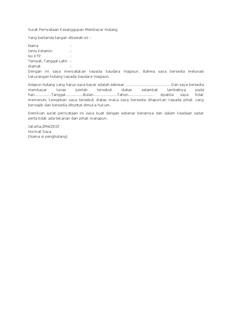 Surat Pernyataan Kesanggupan Membayar Hutang