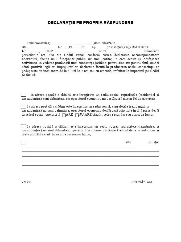 Model Declaratie Proprie Raspundere Taxe Locale 3 Doc