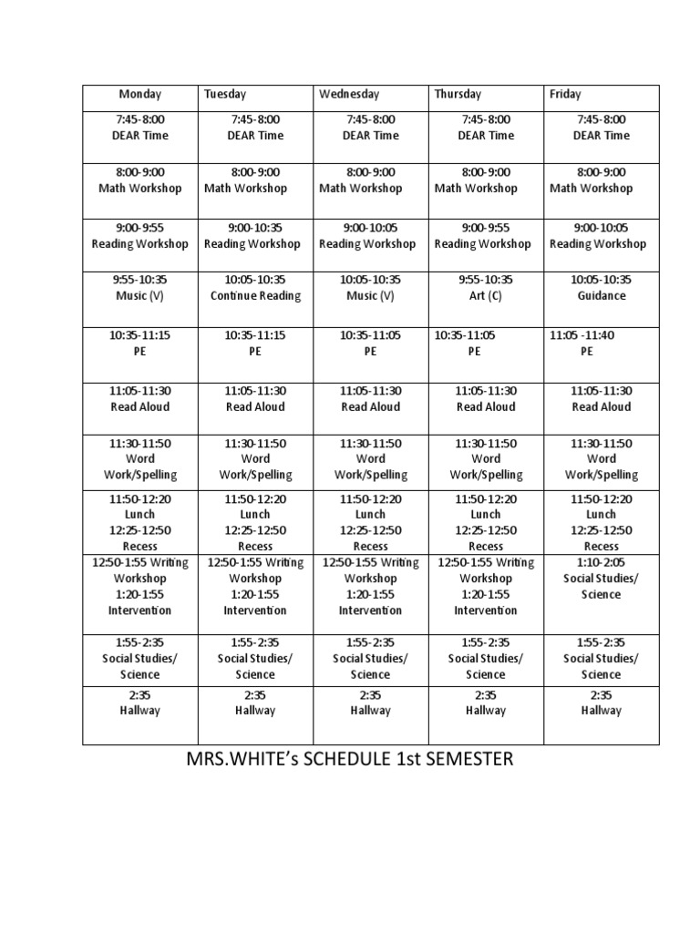 Mrs. White's 1st Semester Schedule | PDF | Language Arts & Discipline
