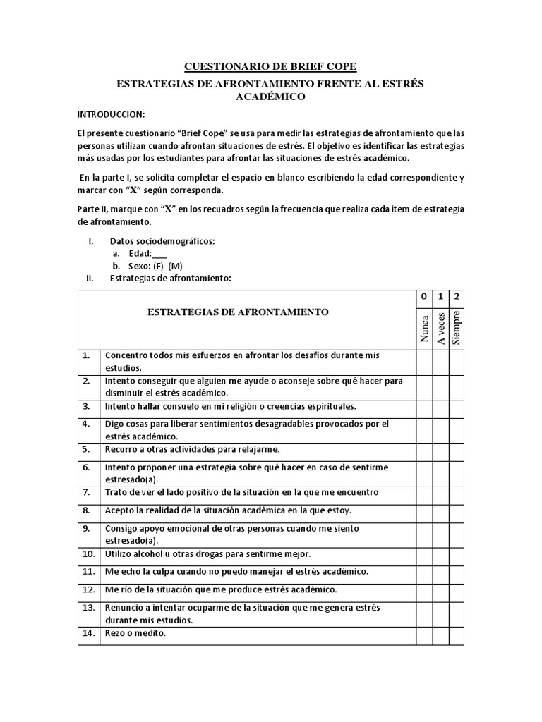 Cuestionario de Brief Cope | Estrés (biología) | Autosuperación