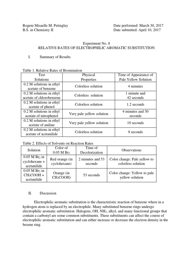 Electrophilic Substitution Rate Study | PDF | Benzene | Chemical Reactions