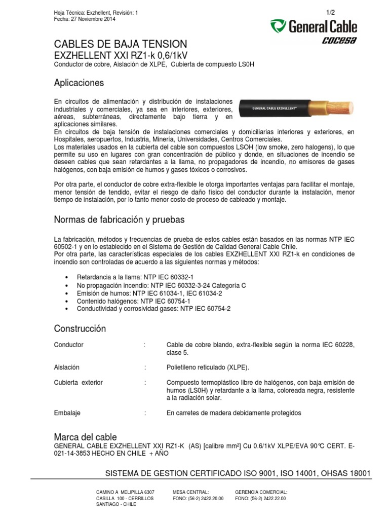 Ficha Tecnica Exzhellent Xxi Rz1k Mono 061kv Rev1 PDF Cobre Minería