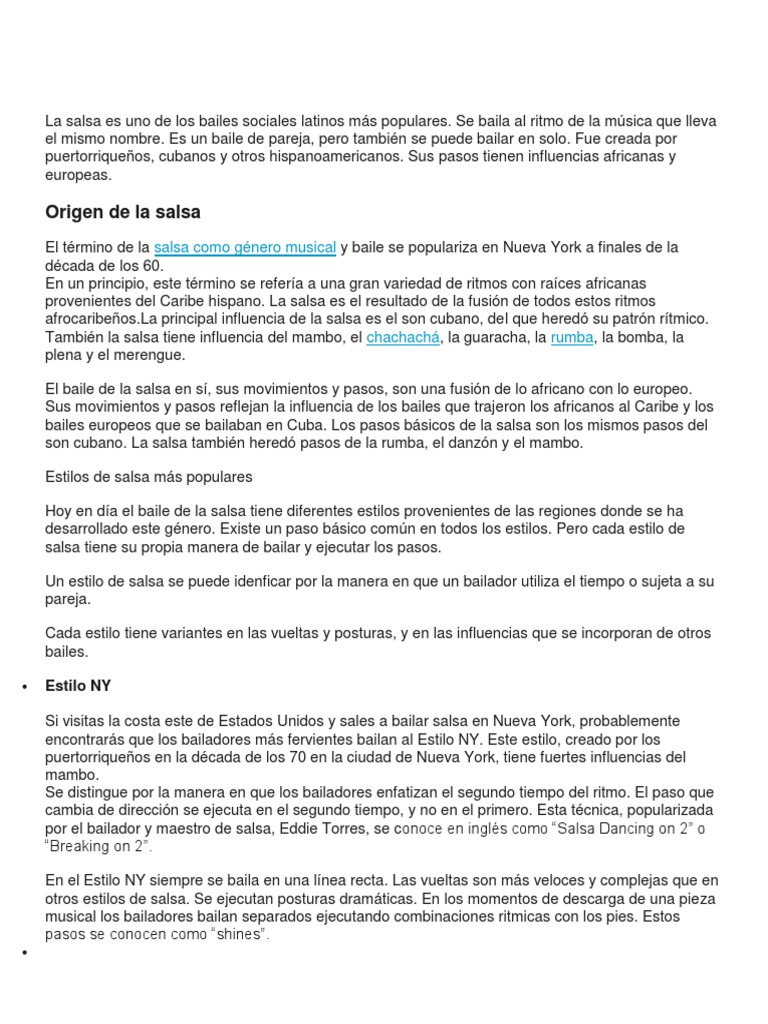 Estilos y Orígenes de la Salsa | PDF | Bailes | Musica Latinoamericana