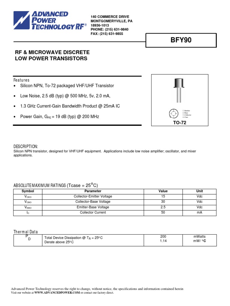 RF & Microwave Discrete Low Power Transistors Features PDF Bipolar