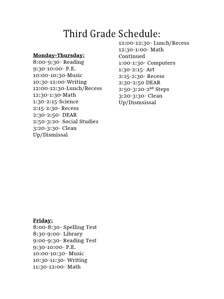 Third Grade Daily Schedule | PDF
