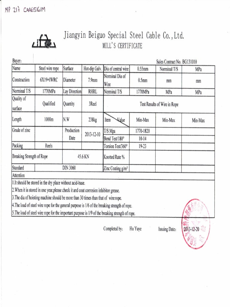 Steel Wire Rope Certification Details | PDF