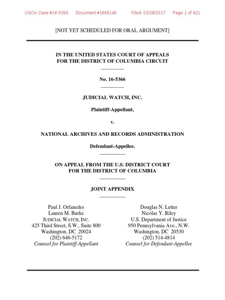 Joint Appendix for Judicial Watch Appeal | PDF | Summary Judgment ...