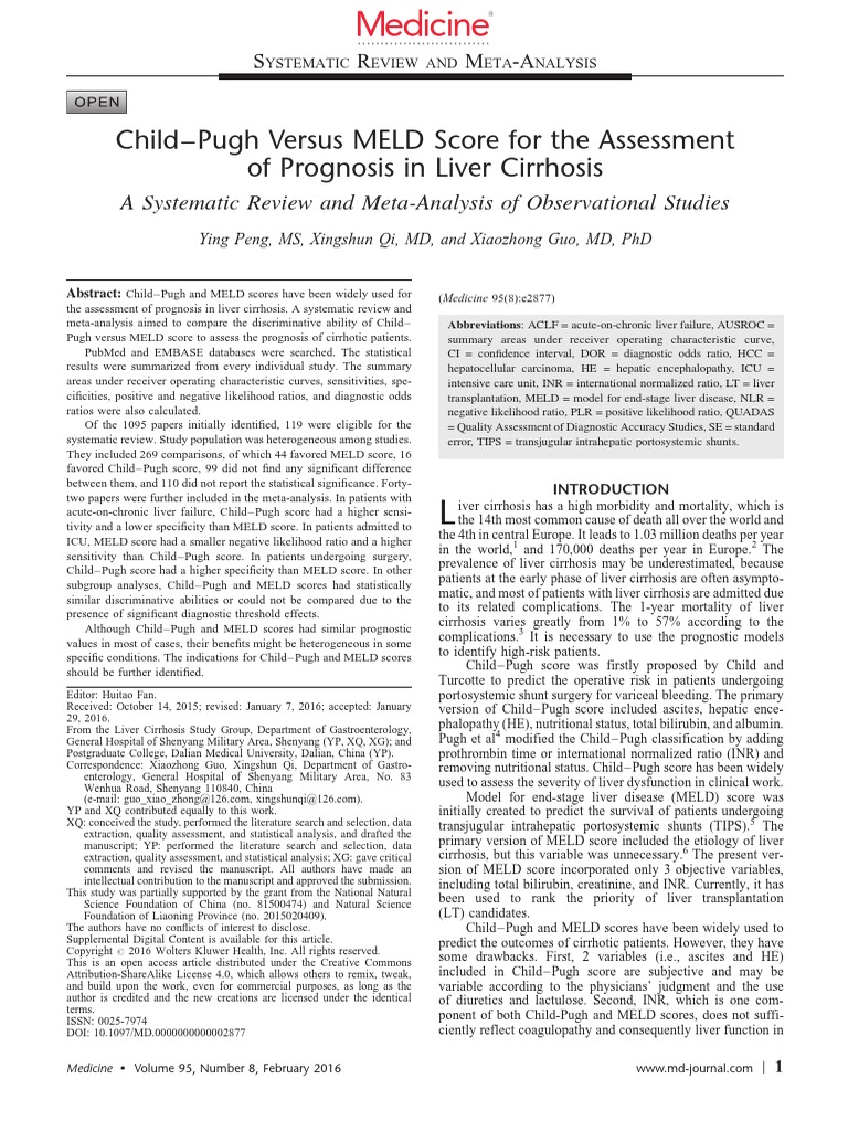 Child Pugh Versus MELD Score for the Assessment of.39 Cirrhosis Sensitivity And Specificity